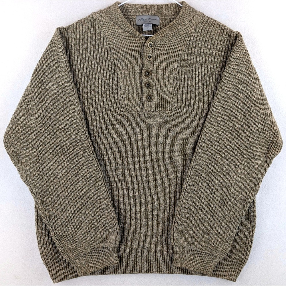 Vintage 90s Eddie Bauer Henley Sweater Men M Made USA Chunky Rib Knit